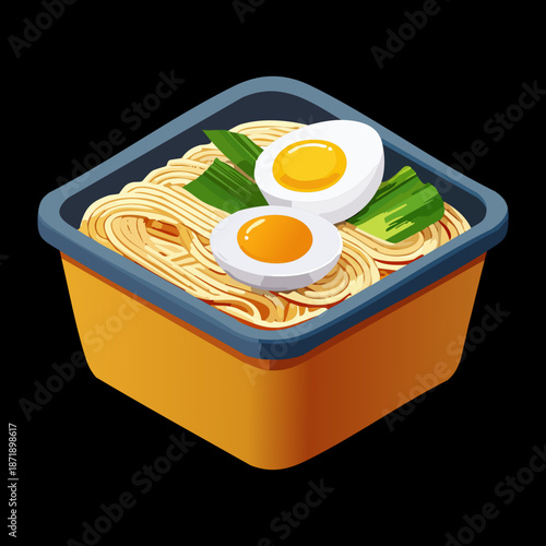 Square bowl of hot ramen noodles with boiled egg for a delicious and savory lunch meal snack - Vector Illustration