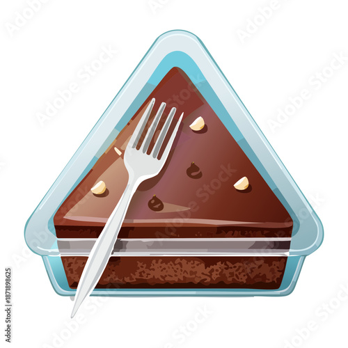 Piece of chocolate layered cake with cream topping in a transparent plastic takeaway container for bakery snack - Vector Illustration