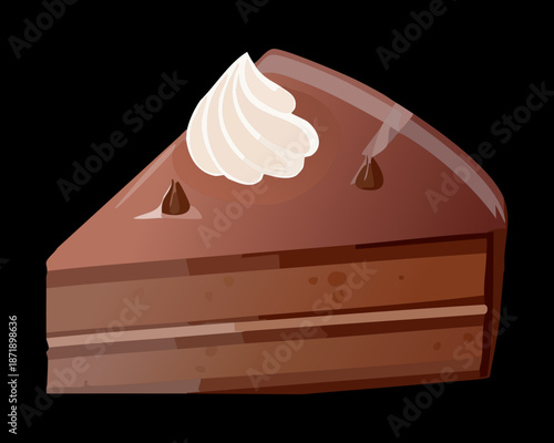 Slice of rich chocolate cake with whipped cream on a dark plate for delicious sweet dessert treat - Vector Illustration