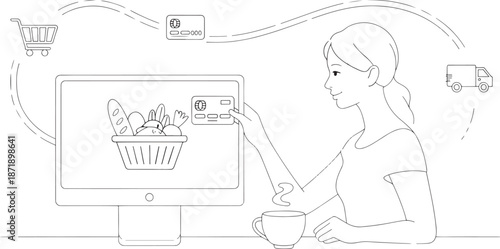 Woman holding a credit card near a desktop computer screen displaying a filled shopping basket, illustrating online grocery purchasing and digital payment.