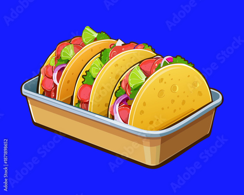Spicy mexican beef tacos with fresh vegetables and lime in a blue tray for street food menu - Vector Illustration