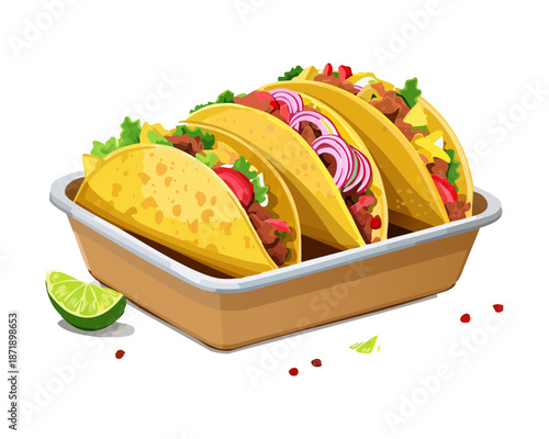 Trio of beef tacos with fresh lettuce and lime garnish in a brown takeaway box for snack - Vector Illustration
