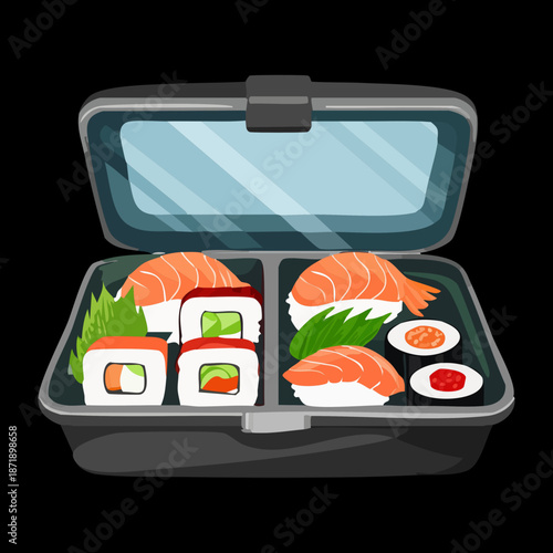 Sushi set with salmon nigiri and rolls in a black bento box container for healthy seafood lunch - Vector Illustration