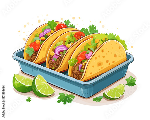 Crispy tacos filled with grilled beef and fresh vegetables in a white takeaway tray for lunch meal - Vector Illustration