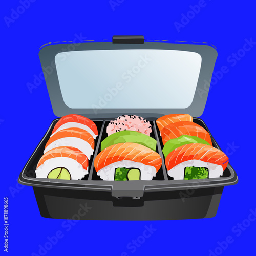 Variety of sushi rolls and nigiri in a blue bento box for healthy and delicious seafood lunch - Vector Illustration