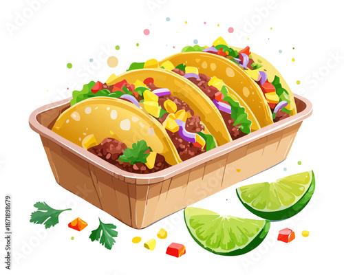 Fresh beef tacos with lime and vegetables in a cardboard box for mexican fast food restaurant menu - Vector Illustration