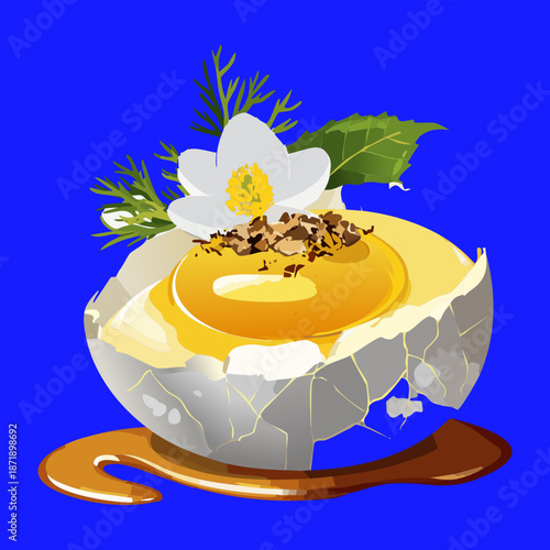 Luxury poached egg on a crusty bread slice with edible flowers for a gourmet breakfast or brunch - Vector Illustration