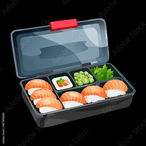 Salmon and tuna sushi set in a black bento box container for a premium takeaway lunch meal - Vector Illustration