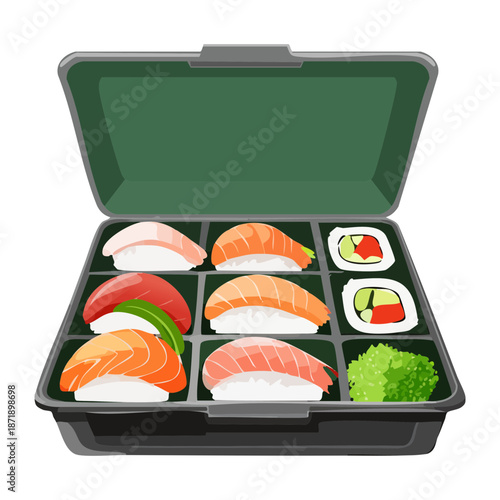 Assorted sushi rolls and nigiri in a green plastic takeaway bento box for healthy lunch meal delivery - Vector Illustration