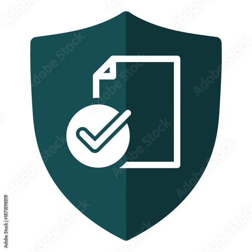 A stylized dark teal shield icon featuring a document with a prominent white checkmark indicating verified compliance security protection and successful data validation on transparent background