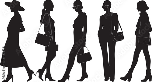 Five stylish women's silhouettes walking forward in fashionable attire, representing modern female consumerism and urban movement against a white background.
