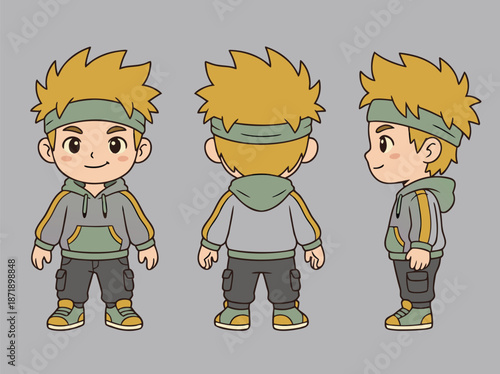 Chibi character design of a young boy with spiky blonde hair and a grey hoodie.