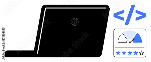 Coding performance. Laptop with coding brackets and performance rating graphic coding, digital development, and performance optimization. For tech, software, and user experience . Usage themes