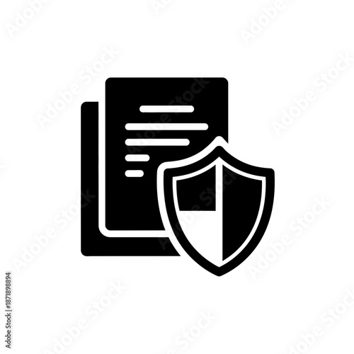 A simple black icon representing secure document protection or data privacy assurance featuring a stylized piece of paper overlapping a medieval shield symbol on transparent background
