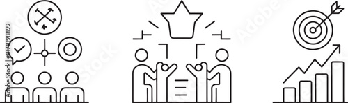 Collection of outline icons depicts business strategy, team success, goal achievement, and financial growth metrics for corporate presentations.