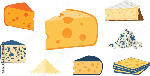 Cartoon style Cheese set illustration with hand drawn texture. Includes different types of cheese Brie, Camembert, Swiss cheese with holes, Parmesan.