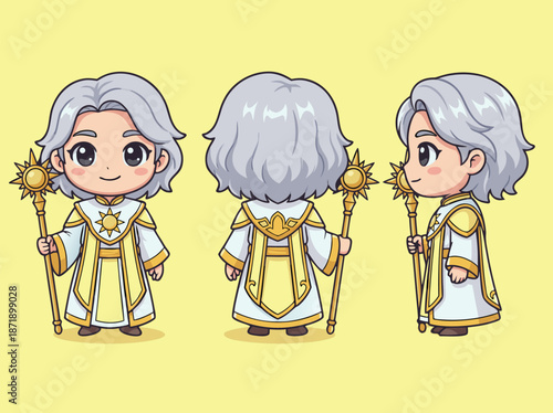 Chibi Character of a White-Haired Priest Holding a Staff.