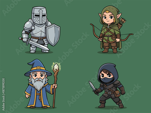 Chibi Fantasy Characters Set Knight Archer Wizard Rogue.