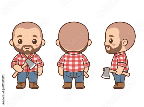 Chibi Lumberjack Character Front Back Side View.