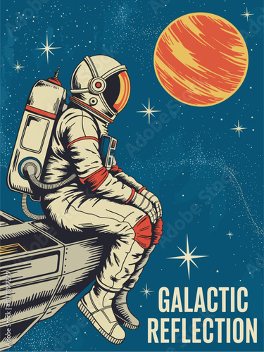 Vintage-style poster of an astronaut in a cream spacesuit sitting on a spaceship edge gazing at a red-orange planet against a starry backdrop.