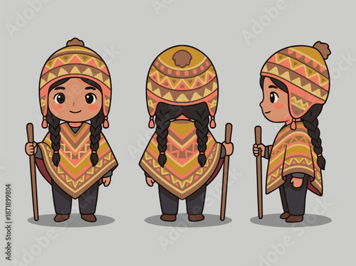 Cute Andean child in traditional clothing with walking stick.