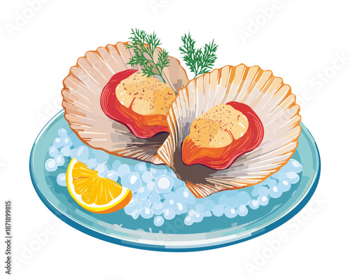 Platter of fresh scallops on ice with citrus slices and parsley garnish for seafood restaurant menu card - Vector Illustration