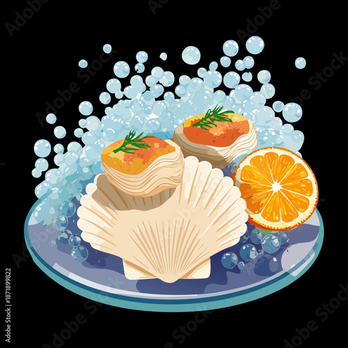 Fresh scallops in shells served with ice and orange fruit slices on a black elegant background plate - Vector Illustration