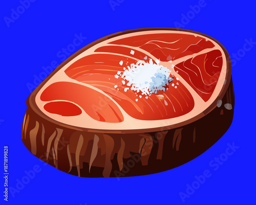 Fresh raw beef steak on a blue plate with salt seasoning ready for kitchen grill and cooking - Vector Illustration