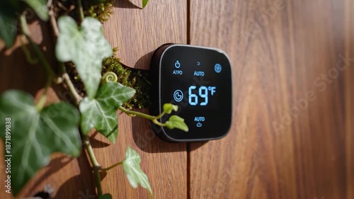 Smart Thermostat Displaying Temperature on Wooden Wall with Greenery.