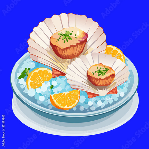 Fresh scallops served on ice with orange slices and herb garnish in a blue bowl for seafood - Vector Illustration