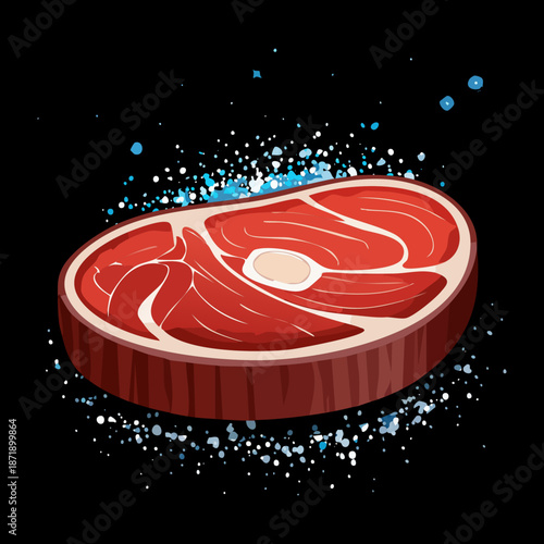 Raw beef steak with sea salt and black pepper seasoning on a dark background for cooking concept - Vector Illustration