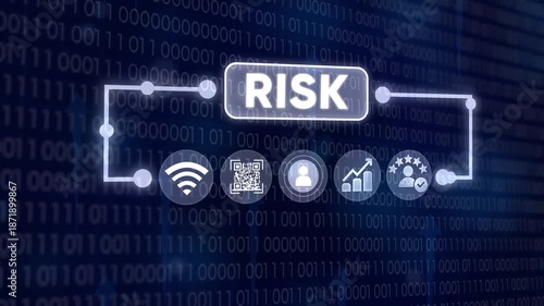 Digital concept illustrating risk management process with security and finance icons in binary code background