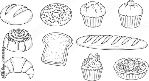Hand drawn bakery bread elements set in vintage outline illustration style