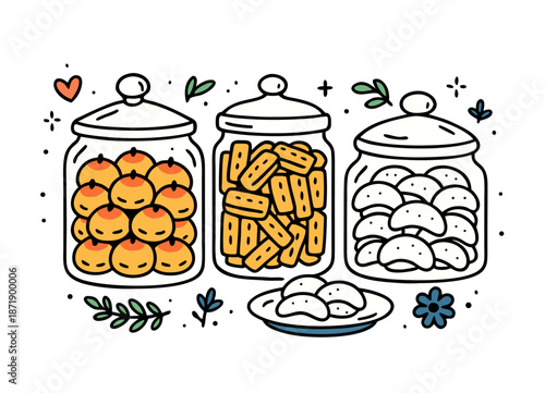 Minimalist Line Art of Traditional Eid Cookies Jars for Ramadan Celebration