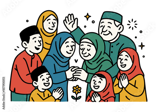 Muslim Family Forgiving Each Other During Eid Mubarak Celebration Illustration
