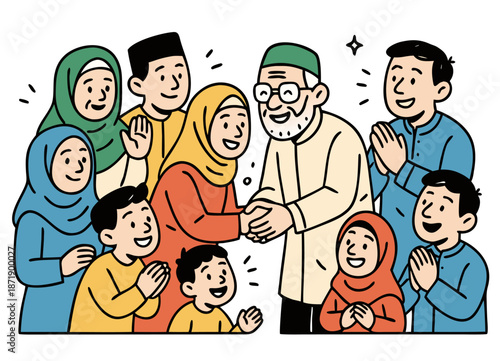 Happy Muslim Big Family Celebrating Eid Al-Fitr Greeting and Forgiving Each Other