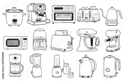 home appliances line art set with coffee machines, toaster, oven, blender, mixer and electric devices.