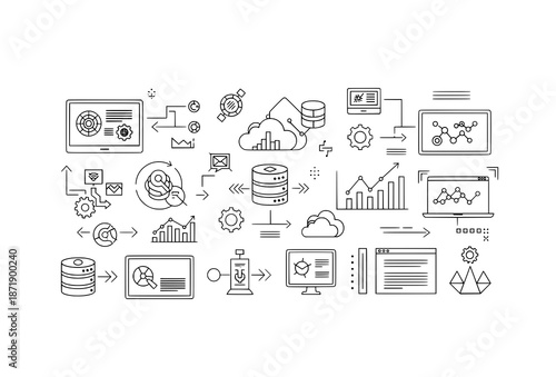 Conceptual business data analysis process vector illustration with circular analytics icons