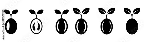 set of black seed and sprout icons with leaves arranged in a horizontal row on a white background.