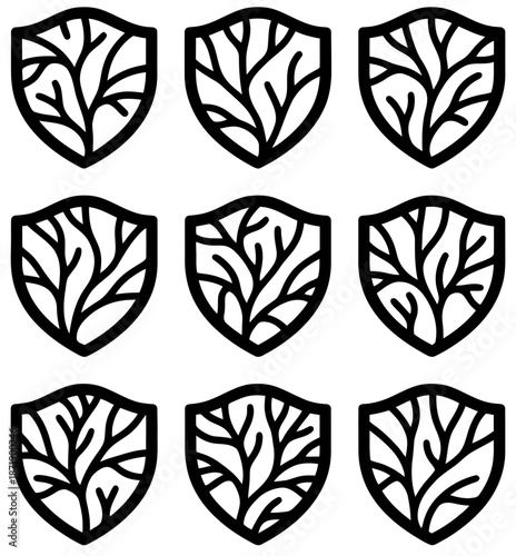 Collection of black coral and seaweed silhouettes arranged in a horizontal row on a white background