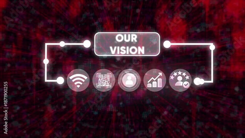 Abstract animation showcasing our vision with an array of futuristic icons and a dynamic red and black background