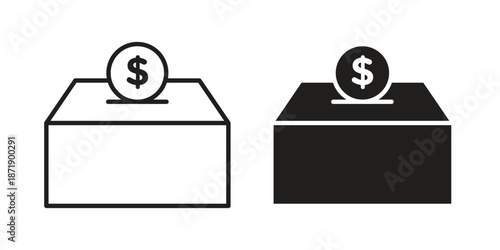 Donation box icons in a black filled and outlined style. Set of vector icons
