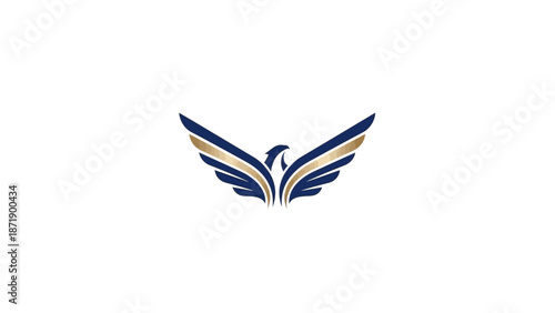 Stylized wing logo with blue and gold accents on white background.