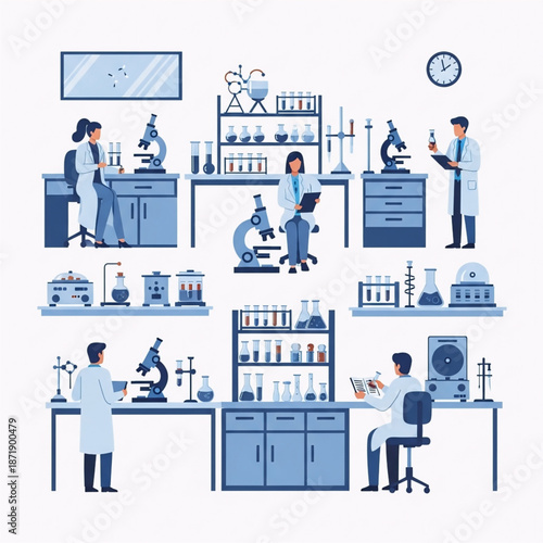 Scientists working in laboratory with various equipment