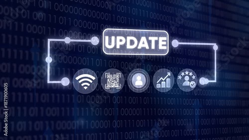 A motion graphic animation of a digital update process, showing binary code flowing across a dark blue background with various icons representing data, connectivity, and progress