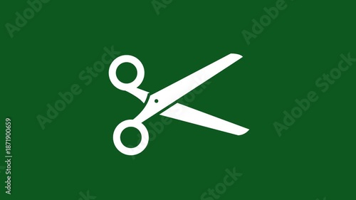 Minimalist white scissors icon animation on solid green background with sharp cutting motion and seamless looping clip