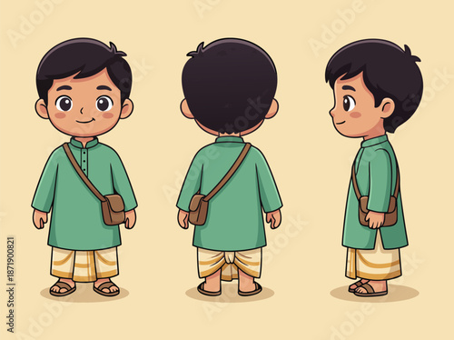 Cute cartoon boy in traditional Indian attire.