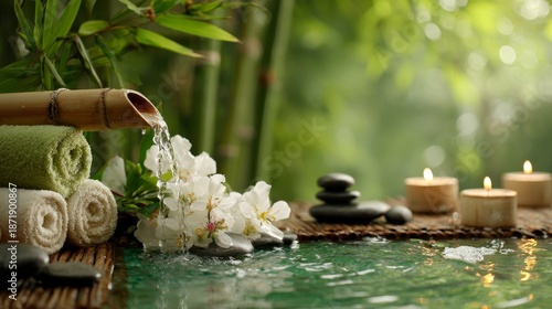 Bamboo water spout refreshing jade green spa retreat nature relaxation tranquil environment