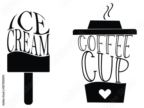 Minimal black and white ice cream typography illustration with modern lettering for cafe wall art, Hand drawn coffee cup typography illustration in black and white for kitchen cafe decor