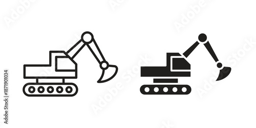 Excavator icons in a black filled and outlined style. Set of vector icons